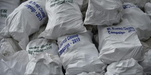 Trash collected in a 2019 cleanup that removed 24,000 pounds of garbage from Mount Everest.